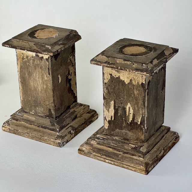 American Pair of Small Vintage Wood Pedestals With Remnant Paint, for Multi Purpose Use For Sale - Image 3 of 9