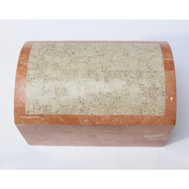 Ca. 1970s Maitland Smith tessellated coral stone hinged jewelry / trinket box in two tone pale gray and pink with cedar...