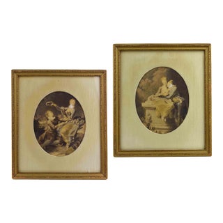 Antique Hand Painted Hand Tinted Color Engraving Framed Intaglio Prints After Lancret for Sterling and Welch Co - A Pair For Sale