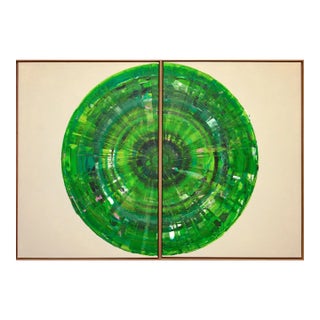 Green Circle Diptych I, Contemporary Painting on Canvas, Framed For Sale