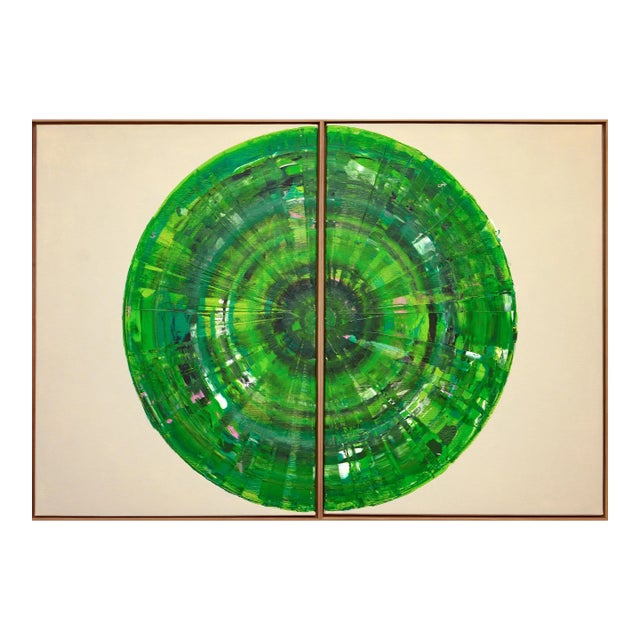 Green Circle Diptych I, Contemporary Painting on Canvas, Framed For Sale