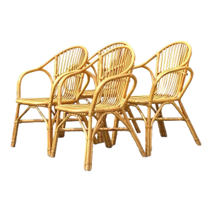 Vintage Coastal Stick Rattan Dining Chairs - Set of 4