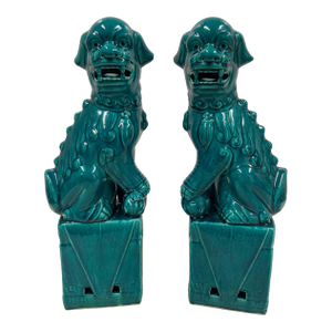 Vintage Chinese Porcelain Green Foo Dog Figurines - A Pair