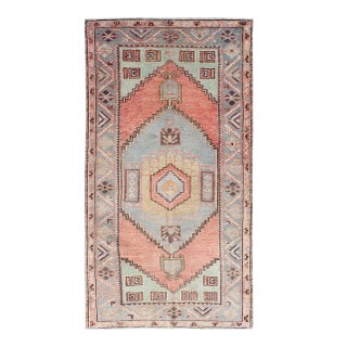 Vintage Turkish Oushak Medallion Rug in Salmon, Light Green, Gray & Light Blue For Sale
