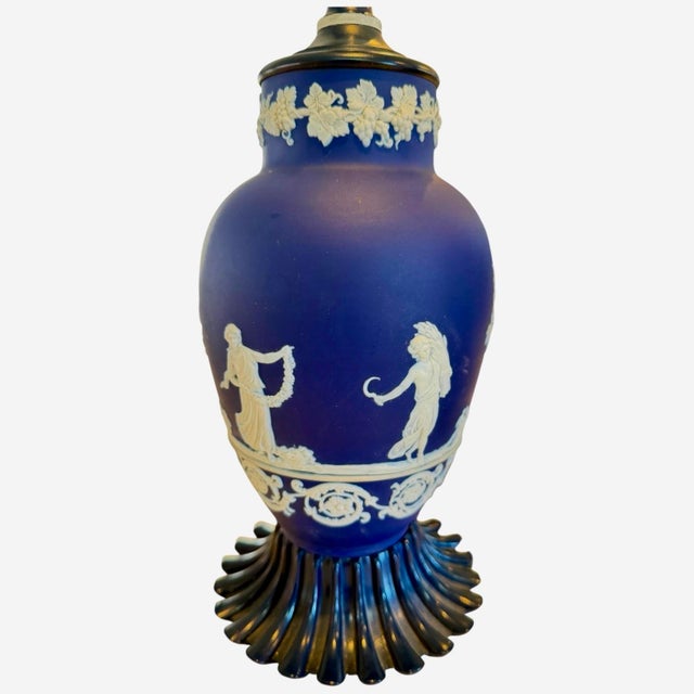 1950s Cobalt Blue Jasperware Table Lamps With Classical Relief – 22” Tall - a Pair For Sale - Image 4 of 10