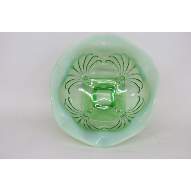 Mid 20th Century Jefferson Glass Beaded Fan Style Green Opalescent Candy Dish Compote Bowl 4567b For Sale - Image 5 of 18