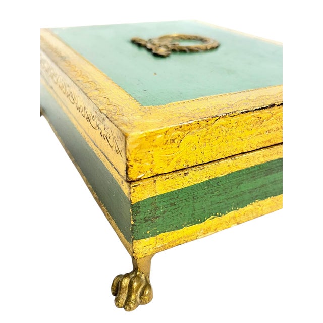 Vintage Italian Gilt and Green Painted Box With Metal Lion Paw Feet and Metal Laurel Wreath For Sale - Image 9 of 17