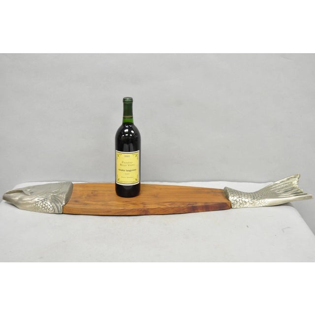 Vintage Mid Century Modern 36" Large Teak Wood & Cast Metal Fish Serving Platter Cutting Charcuterie Board. Circa Mid 20th...