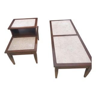 Mid-Century Modern Bassett Walnut/Marble Coffee Table & Step End Table-2 Piece Set For Sale