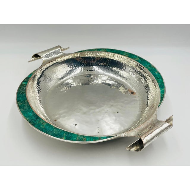 1980s Emilia Castillo Silver-Plated Serving Bowl With Malachite Inlay, Mexican Design For Sale - Image 9 of 18