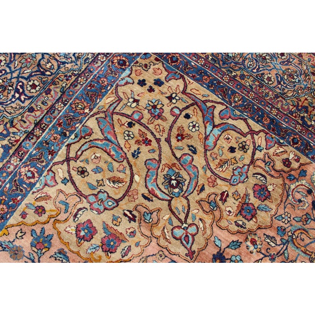 Classic Colorful Antique Large Lavar Kerman Rug in Salmon Background For Sale - Image 11 of 13