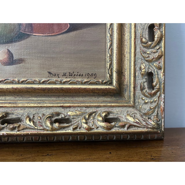 1959 Max H. Weiss Original Still Life Oil Painting – Fruit & Copper Teapot in Ornate Gold Carved Frame For Sale - Image 9 of 12