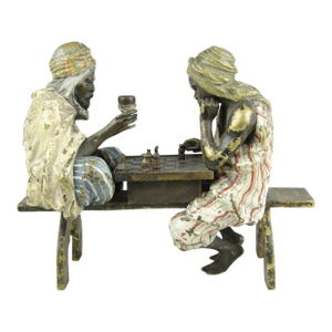 Late 19th Century Vienna Secession Cold-Painted Bronze Small Sculpture of Two Men Playing Chess by Franz Bergmann/Nam Greb, Austria