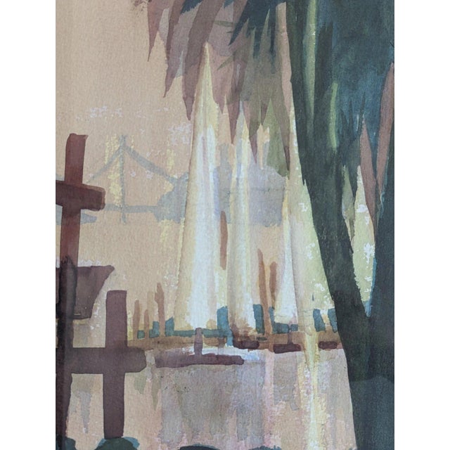 Sailboats and a palm with a bridge behind. Watercolor, pencil signed "Ben Farnham AWS." Wood frame. - 15 1/2" W x 20 1/2"...