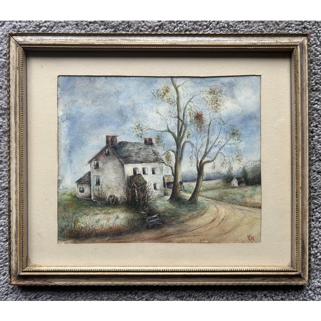 Estate find from a New Jersey estate. Antique watercolor of an old country farmhouse. Signed to the lower right corner. In...