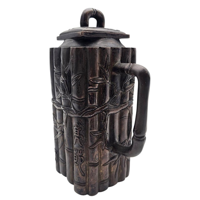 Metal Vintage Chinese Bamboo-Form Cast Metal Teapot Sculpture With Relief Motifs (7.5") For Sale - Image 7 of 16