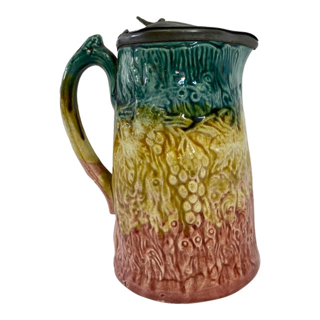 Antique Pewter Lidded Majolica Vase With a Grape Pattern - Circa 19th Century For Sale