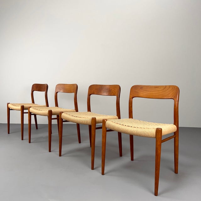Mid-Century Modern Teak Model 75 Chairs with Paper Cord Weave by Niels Otto Møller for JL Møllers Mobelfabrik, Set of 4 For Sale - Image 3 of 18
