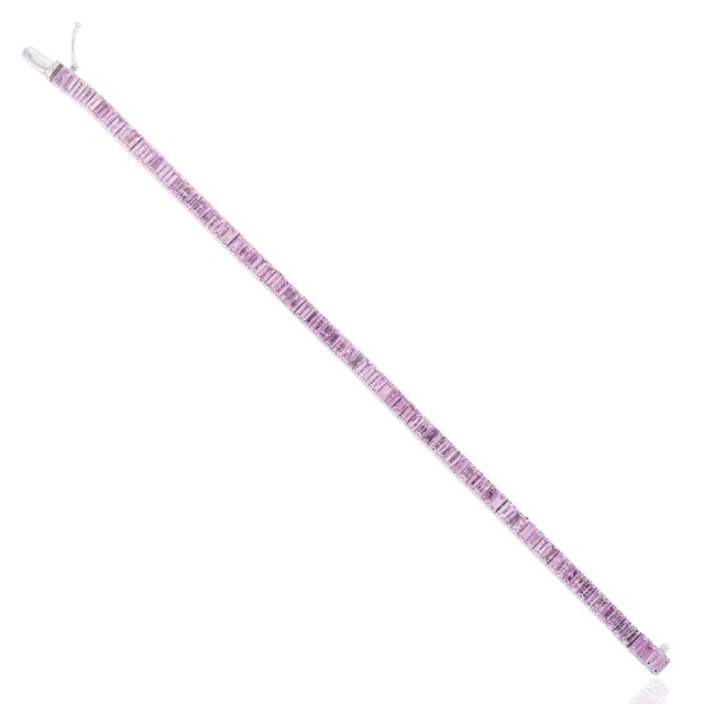 Contemporary Baguette Cut 10.47 Ct Pink Sapphire Linear Tennis Bracelet for Valentine in Silver, 7 Inch For Sale - Image 3 of 14