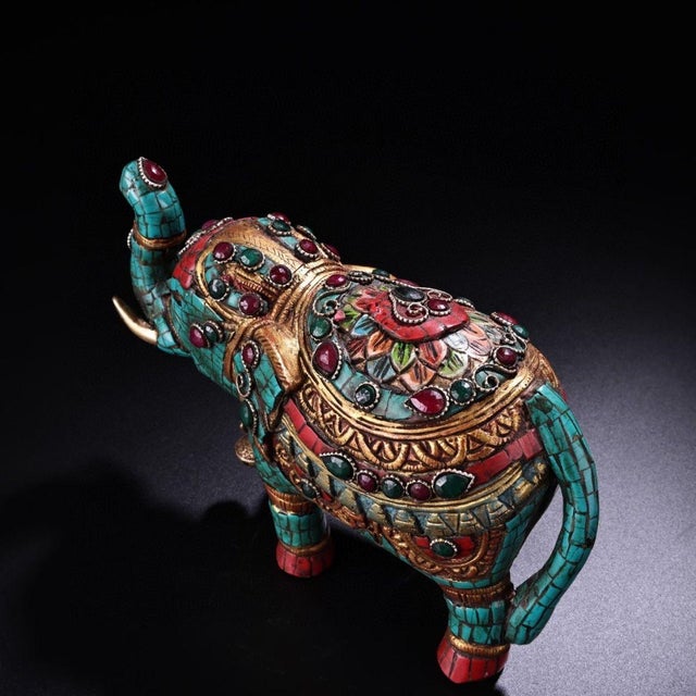 Turquoise Vintage Himalayan Bronze Elephant Statue With Turquoise & Gemstone Inlay For Sale - Image 8 of 9