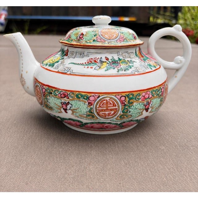 Chinoiserie Vintage Chinese Export Famille Rose Medallion Canton Porcelain Tea Service | 11 Piece Hand-Painted Teapot Set With Cups, Creamer & Covered Bowls For Sale - Image 3 of 12