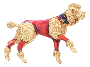 1990s 18 Karat Yellow Gold and Translucent Red Blue Enamel Poodle Brooch