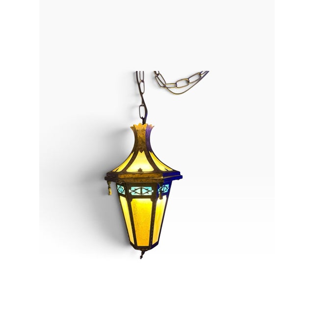 Mid-Century Modern Vintage Gothic 6 Panel Stained Glass Swag Lamp Hanging Lantern For Sale - Image 3 of 9