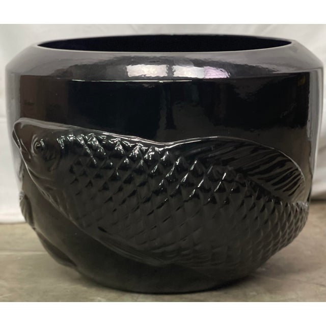 Vintage Chinoiserie Style Koi Fish Black Glazed Ceramic ...