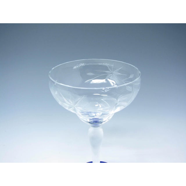 Vintage 1930s Weston Cut Glass Liquor Cocktail Goblets With Floral Design and Cobalt Foot - 7 Pieces For Sale - Image 10 of 13