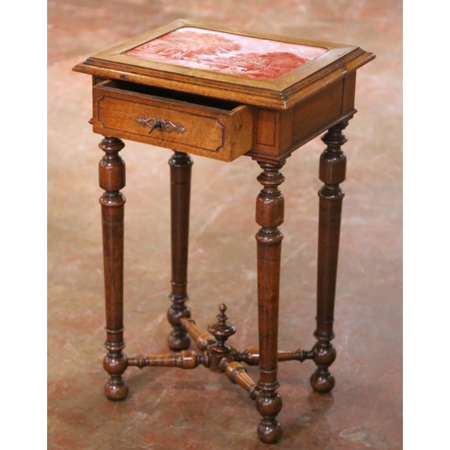 Brown 19th Century French Louis XIII Style Walnut Side Table With Pastoral Tile Top For Sale - Image 8 of 12