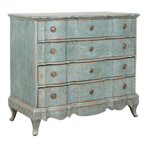 Late 18th Century Blue Painted Rococo Oak Chest of Four Drawers, Denmark