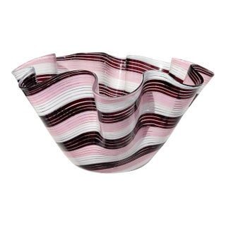 Vintage Murano Dark Purple Pink White Swirling Ribbons Italian Art Glass Decorative Fazzoletto Flower Vase For Sale