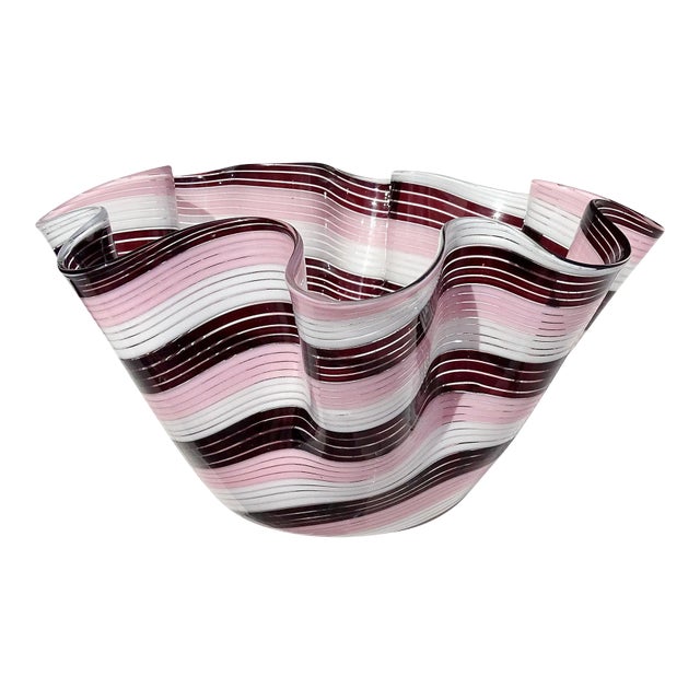 Vintage Murano Dark Purple Pink White Swirling Ribbons Italian Art Glass Decorative Fazzoletto Flower Vase For Sale