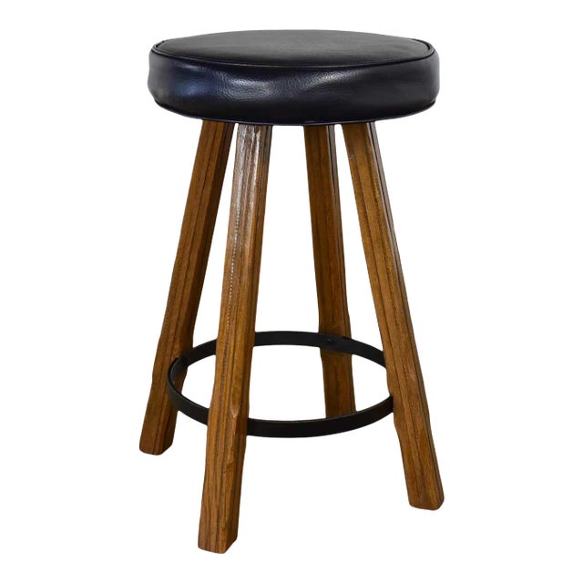 Mid 20th Century Bar Stool Acorn Brown Finish and Black-Brown Vinyl Faux Leather Seat Attributed to Brandt Ranch Oak For Sale