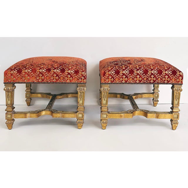 Late 20th Century Late 20th Century Carved Giltwood Ottomans/Benches, Embroidered Seats, Nailheads, Pair, Louis XIV For Sale - Image 5 of 11