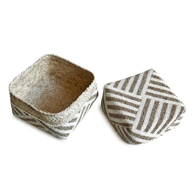 Vintage Tan & White Striped Bamboo Beaded Box Medium For Sale - Image 4 of 9