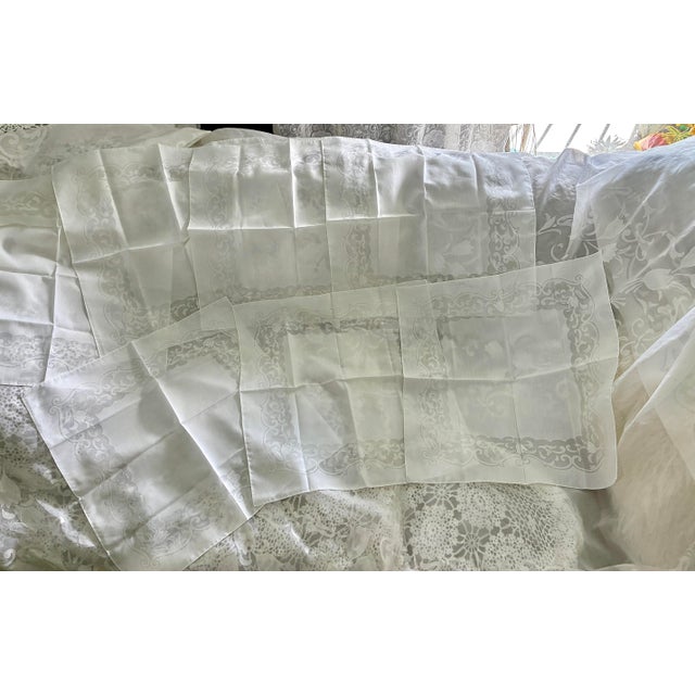 Textile Vintage White Damask - Organza Napkin Set of 7 Woven Floral and Scroll Pattern White For Sale - Image 7 of 12