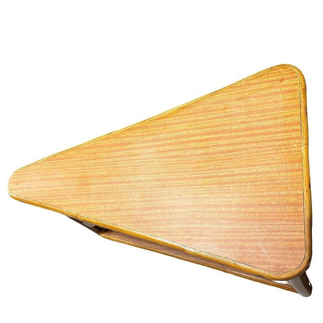 Brown 1940s Restored MCM Rattan & Formica Skinny Arch 3-Strand Wedge Side Table W/ 2-Tiers For Sale - Image 8 of 8