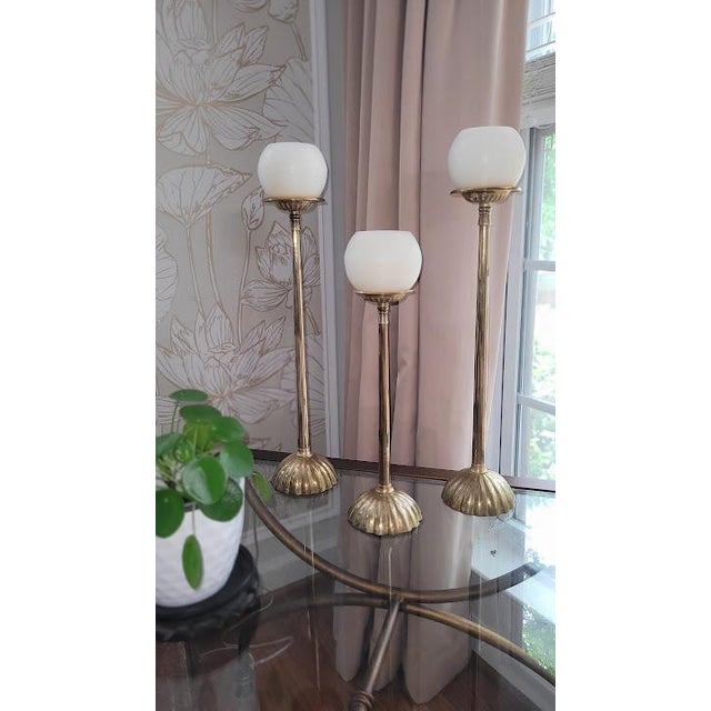 Mid-Century Modern Vintage Brass Candlestick Set Scalloped Design Solid Brass Candle Holders Set of 3 Boho Classic Decor For Sale - Image 3 of 7