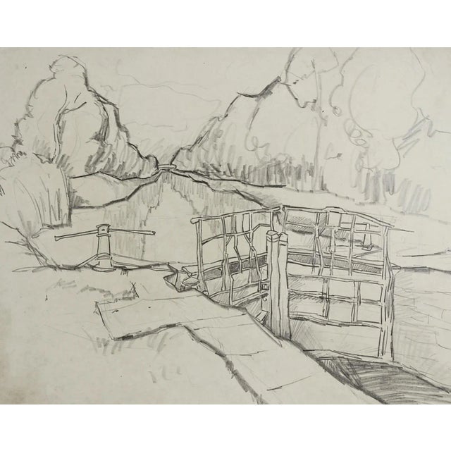 Vintage Rustic Canal Pencil Study For Sale