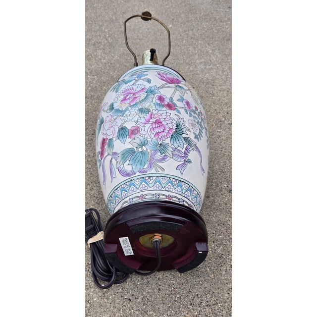 Vintage Chinese Porcelain Floral Table Lamp With Hardwood Base & Pleated Shade For Sale - Image 4 of 12
