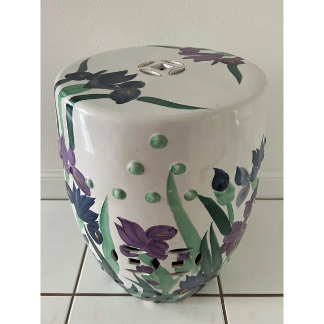 Art Nouveau Hand Painted Garden Stool With Irises For Sale - Image 3 of 12