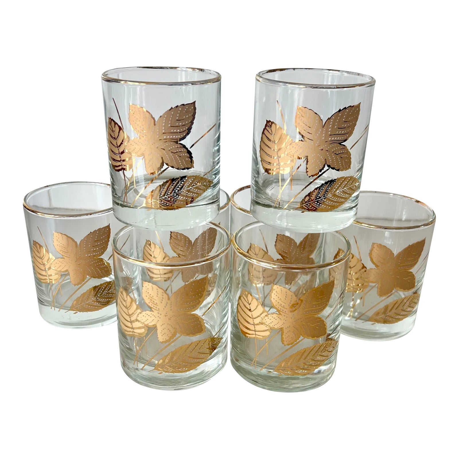 Vintage Libbey Platinum Gold Leaves Low Ball Rocks Glasses- Set of 8 ...