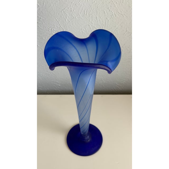 Tall Blue Satin Glass Trumpet Vase For Sale - Image 4 of 8