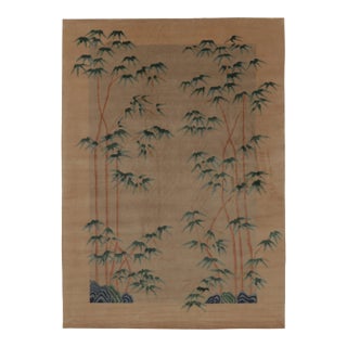 Rug & Kilim’s Chinese Art Deco Inspired Rug, Beige With Teal Bamboo Tree Florals For Sale