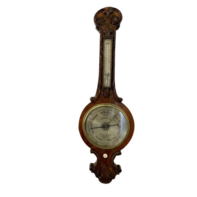 Antique Victorian Carved Banjo Barometer in Burr Walnut, 1860 For Sale