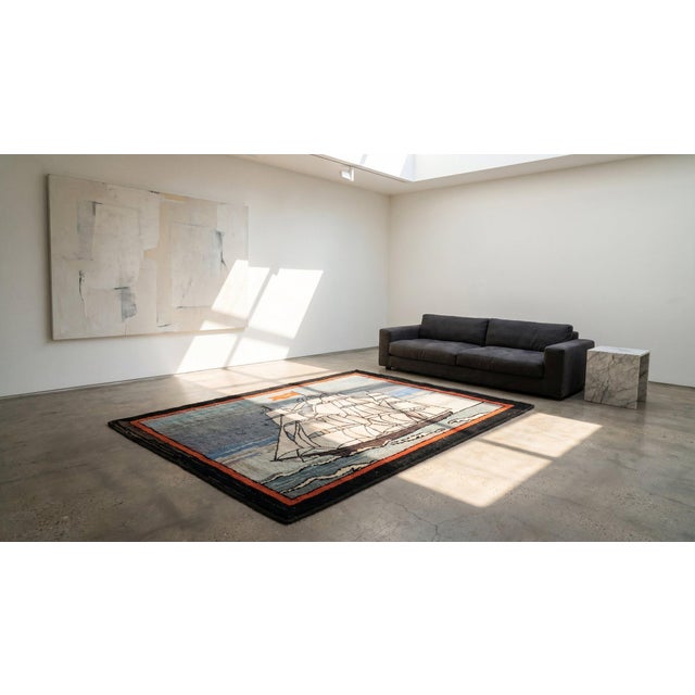 1930s Gray Nautical Scene Folk Art Antique American Hooked Rug 2'7" X 4'2" Handknotted Wool Carpet For Sale - Image 9 of 9
