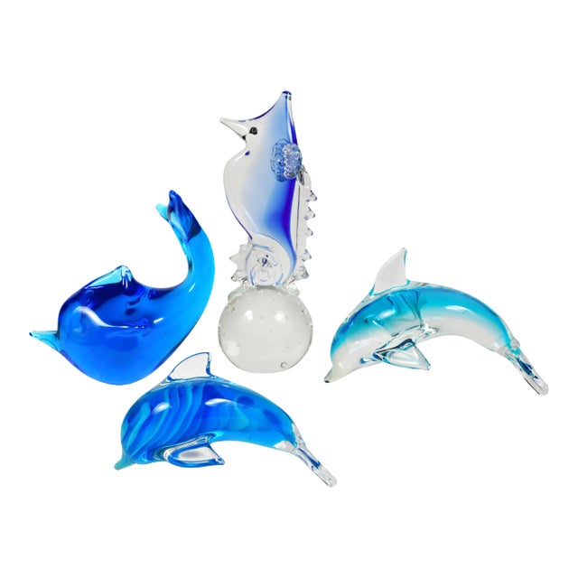 Vintage Hand Blown Glass Blue Dolphin Seahorse Model Figurine Art - Set of 4 For Sale