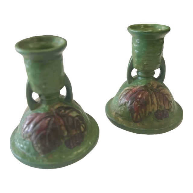 1940s Style Roseville Style Pottery Candlestick Holders - a Pair For Sale