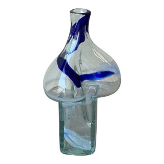 Mid-Century Art Glass Vase With Blue & White Swirls — Hand-Blown Sculptural Form 1960s For Sale